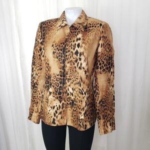 Dana Buchman 100% linen leopard print zip front jacket size 8